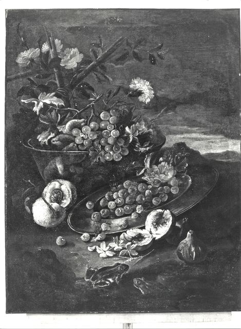 Anonimo — Pfeiler Maximilian - sec. XVII/ XVIII - Natura morta con frutta, fiori e rane — insieme